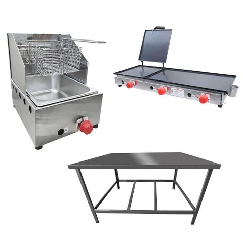 Kit Lanchonete Mesa de Manipulação 100x55cm + Fritadeira a Gás 1 Cuba + Chapa a Gás 90cm