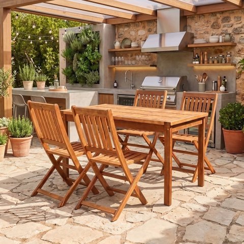 Conjunto Mesa com 4 Cadeiras Dobráveis de Madeira Maciça para Jardim e Varanda Marrom Ember
