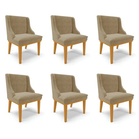 Kit 6 Cadeiras Decorativas Sala de Jantar Base Fixa de Madeira Firenze Suede Nude/castanho