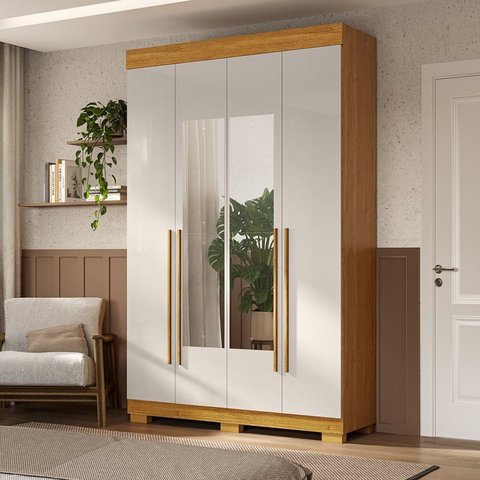 Guarda-Roupa Casal 4 Portas com Espelho 133cm Willow Espresso Móveis Off White/Cinamomo