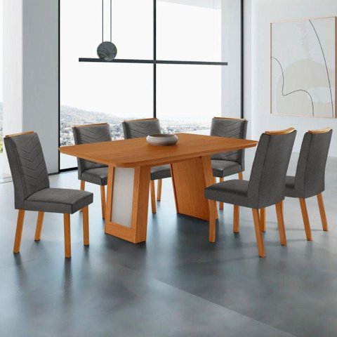 Conjunto de Jantar Carolina Laminado 6 Lugares Tampo MDF Cadeiras Estofadas Grafite 180cm Moderna