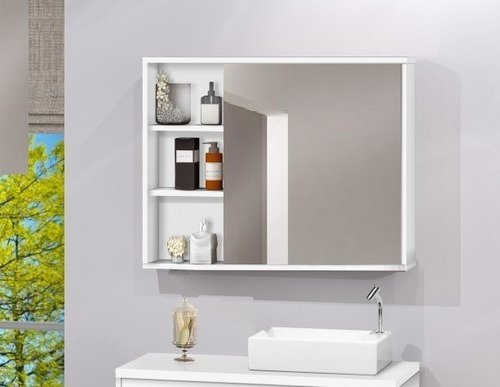Espelheira Para Banheiro C/ Porta Espelho E Prateleiras 80cm - Branco
