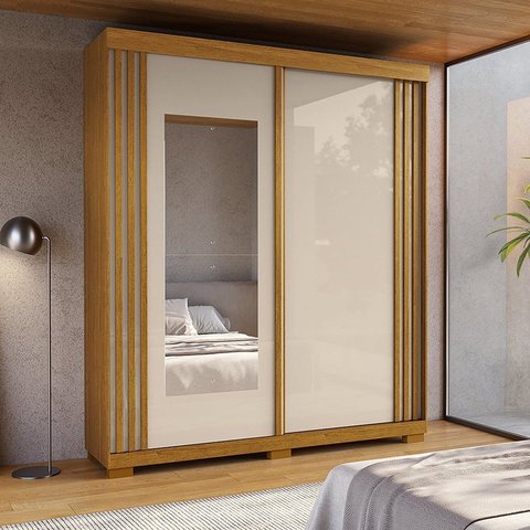 Guarda-Roupa Casal 100% MDF 2 Portas com Espelho 180cm Freesia Espresso Móveis Bege/Cinamomo/Off White