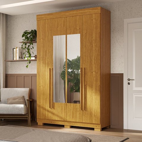 Guarda-Roupa Casal 4 Portas com Espelho 133cm Willow Espresso Móveis Branco/Cinamomo