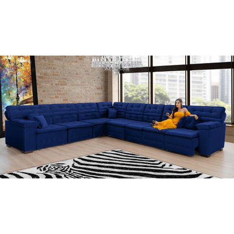 Sofá Magno 3.77x4.57m de Canto, Retrátil e Reclinável - Azul