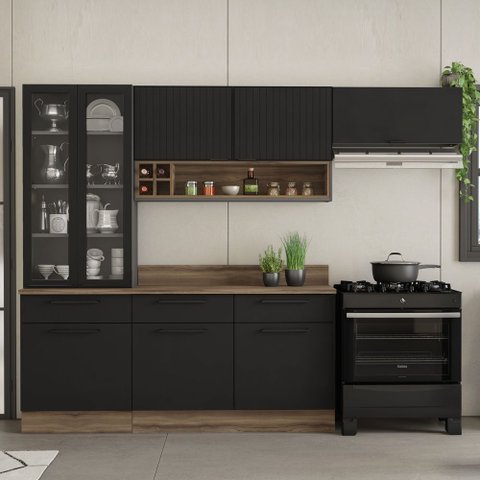 Cozinha Modulada em Aço 5 Peças 8 Portas 3 Gavetas Cristaleira Rodapé PVC Exclusive Itatiaia Preto/Grafite