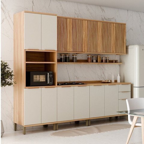 Cozinha Completa Modulada 100% MDF 5 Peças com 13 Portas e Prateleiras 270cm Noruega Espresso Móveis Bege/Amêndoa/Off White