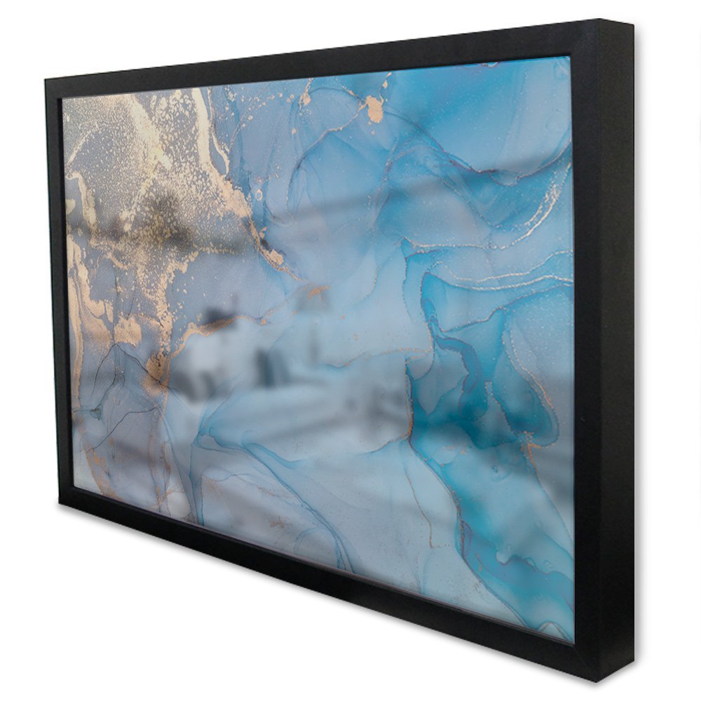 Quadro Decorativo Caixa Alta com Vidro Abstrato Mármore Azul Oceano TaColado Moldura Preta 120 x 80c - 1