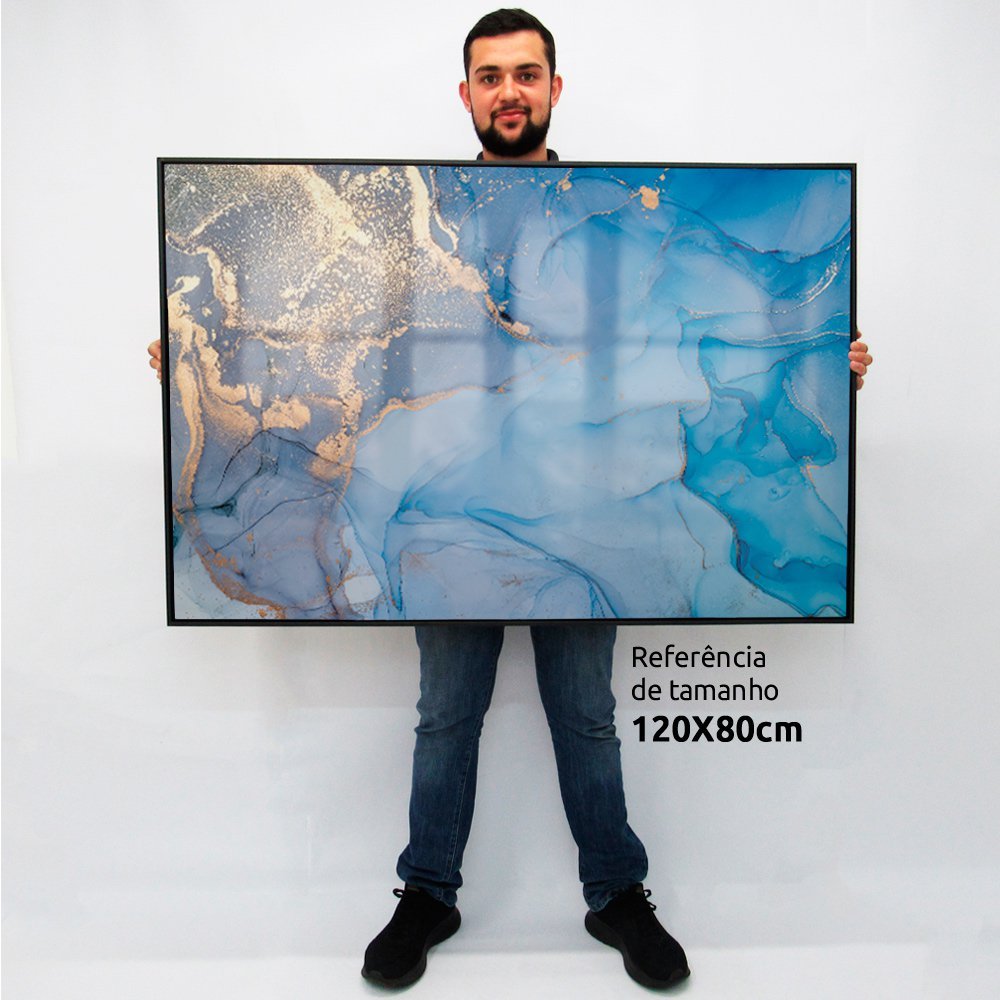 Quadro Decorativo Caixa Alta com Vidro Abstrato Mármore Azul Oceano TaColado Moldura Preta 120 x 80c - 2