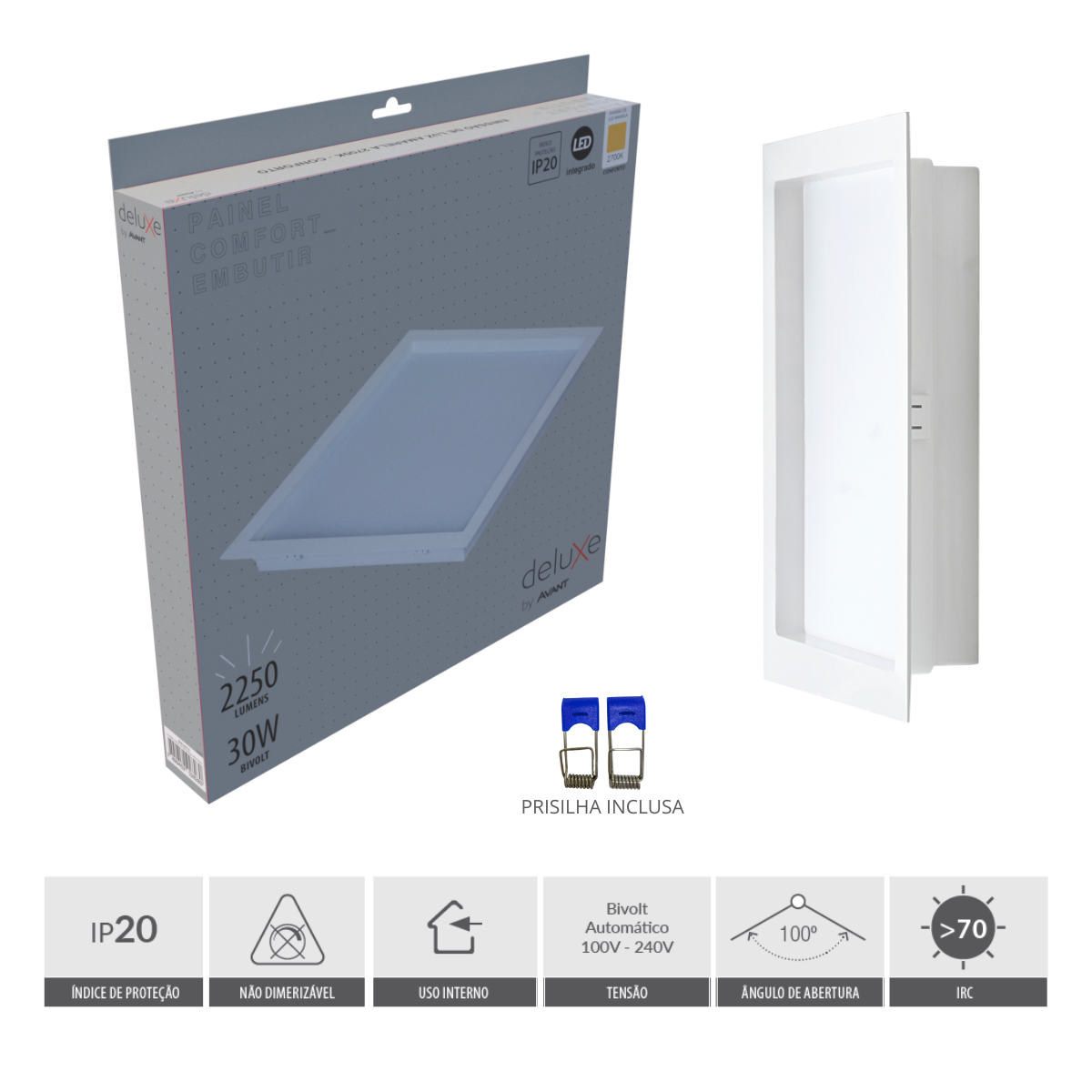 Painel Embutir Branco Recuado Avant Comfort 30w 342x342mm 2700k - 5