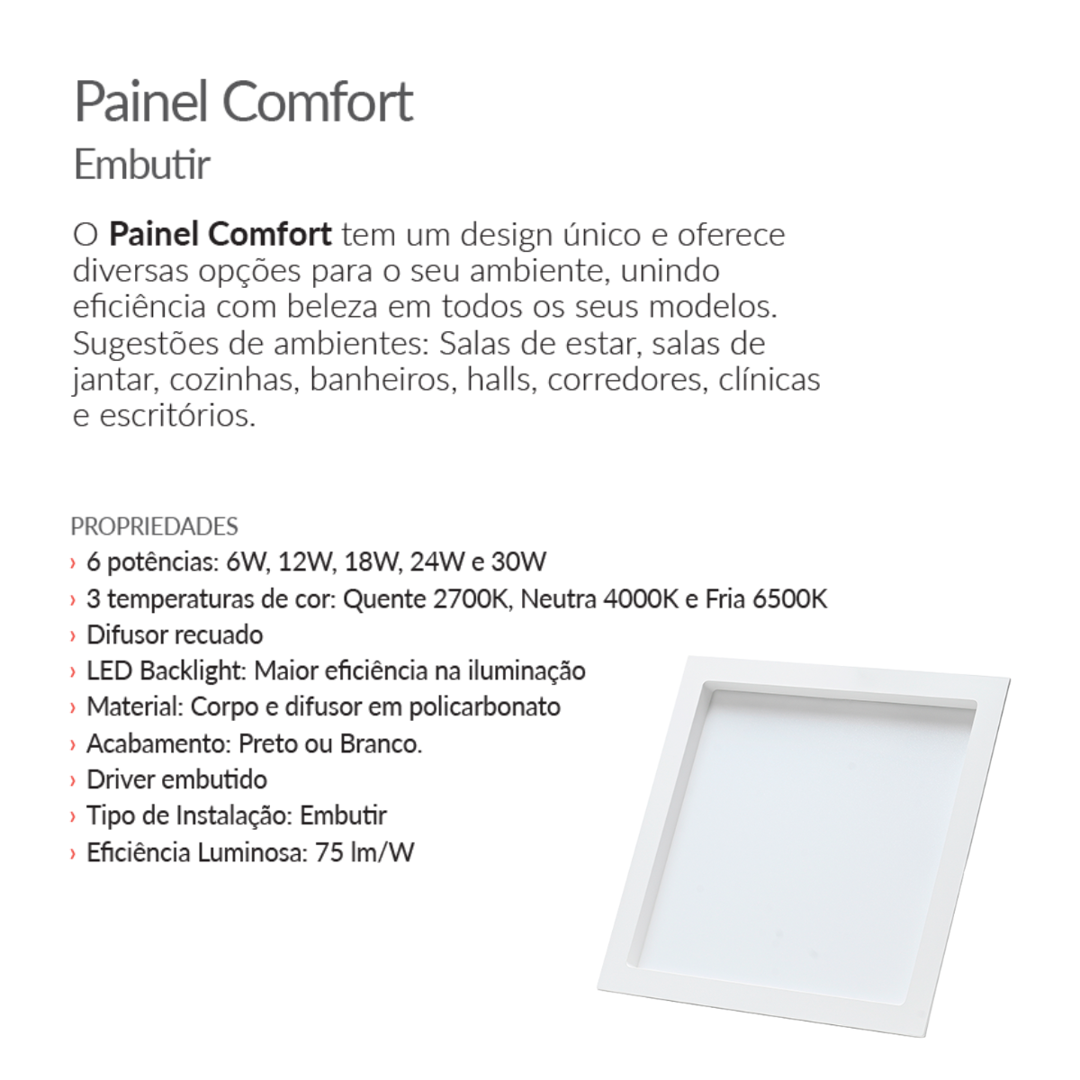 Painel Embutir Branco Recuado Avant Comfort 30w 342x342mm 2700k - 6