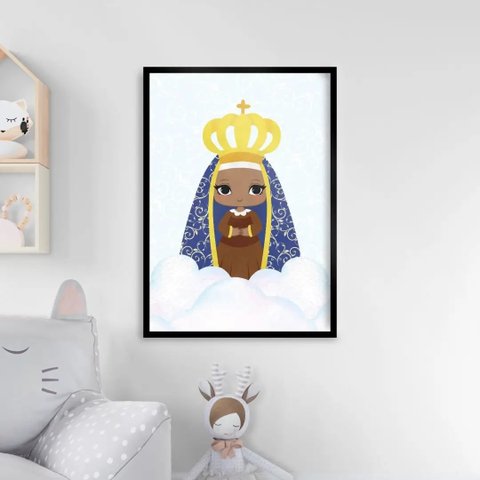 Quadro Nossa Senhora Aparecida Baby Azul 24x18cm - com vidro:Madeira branca