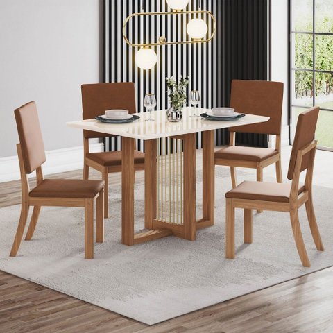 Mesa de Jantar 4 Lugares Valentina/milla com Vidro Nature/off White/caramelo - Pnr Móveis
