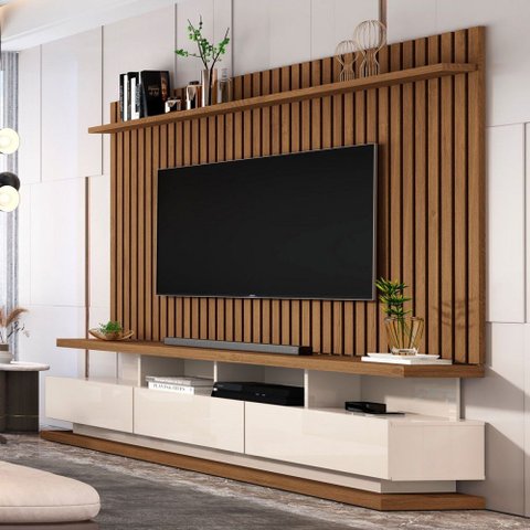 Rack com Painel para Tv até 72 Polegadas Stallone 3 Gavetas Ripado Off White/freijó - Pnr Móveis