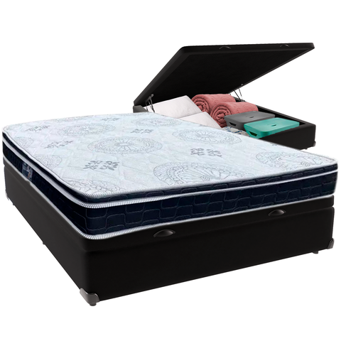 Cama Box Baú Preto e Colchão Orthosono D33 com Pillow Top Casal Anjos