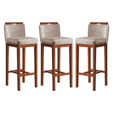 Kit 3 Banquetas Média para Cozinha 38x92 Cm Líbia Madeira Maciça Suede Bege CCS