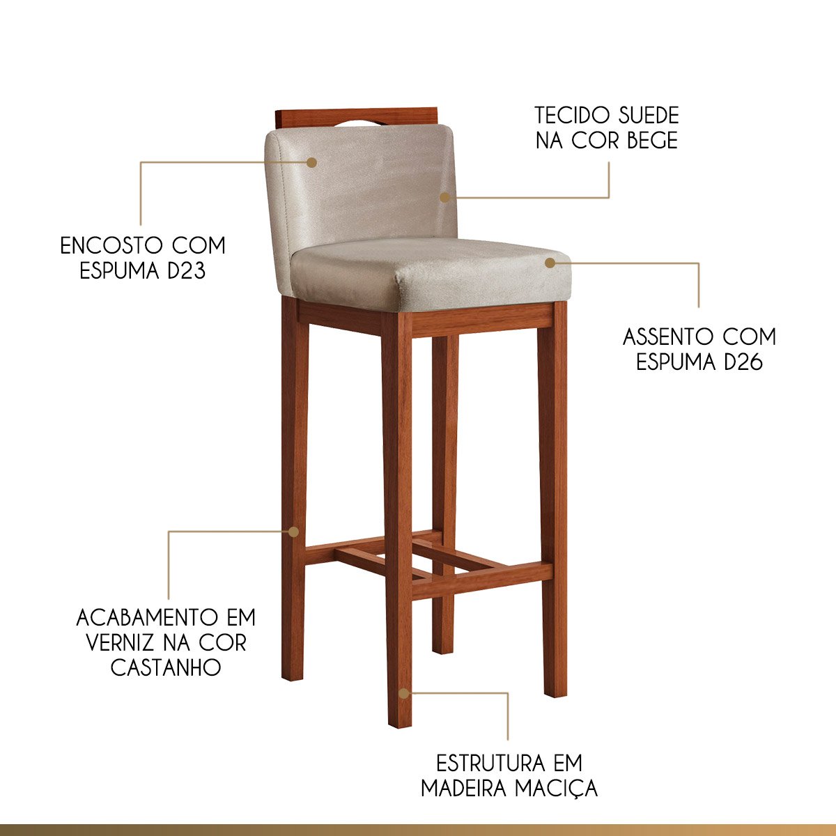 Kit 3 Banquetas Média para Cozinha 38x92 Cm Líbia Madeira Maciça Suede Bege CCS - 3