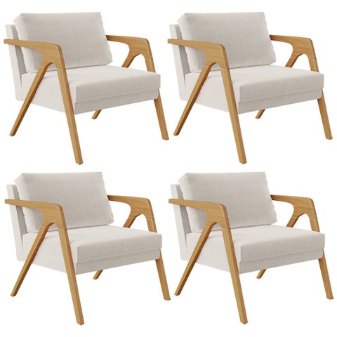 Kit 4 Poltronas Decorativas para Sala Estar Pietra Estrutura de Madeira L02 Linho Cru - Lyam Decor