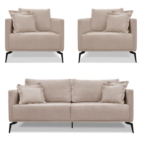 Kit 2 Poltronas e Sofá Living 2 Lugares 1,60m Sirius Linho Areia Pés Metálicos - Pallazio