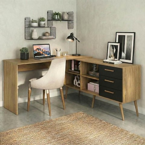Mesa de Escritório em L com 3 Gavetas Porto Multimóveis Mp6046 Madeirado/preto