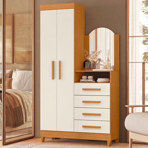Guarda-roupa Cômoda 2 Portas e 4 Gavetas com Espelho New Capri
