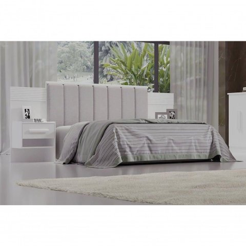 Cabeceira para Cama Queen Size Ripada Irís Estofada com 2 Mesas de Cabeceira D' Doro Branco/ripado