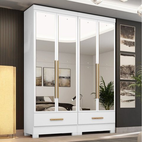 Quarto Modulado 100% MDF 2 Peças 4 Portas 2 Gavetas com Espelhos Smart Plus Espresso Móveis Branco