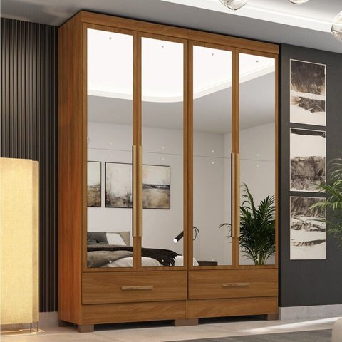 Quarto Modulado 100% MDF 2 Peças 4 Portas 2 Gavetas com Espelhos Smart Plus Espresso Móveis Bege/Cinamomo