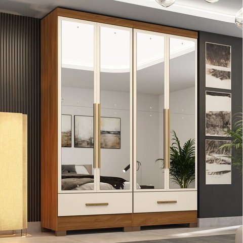 Quarto Modulado 100% MDF 2 Peças 4 Portas 2 Gavetas com Espelhos Smart Plus Espresso Móveis Bege/Cinamomo/Offwhite