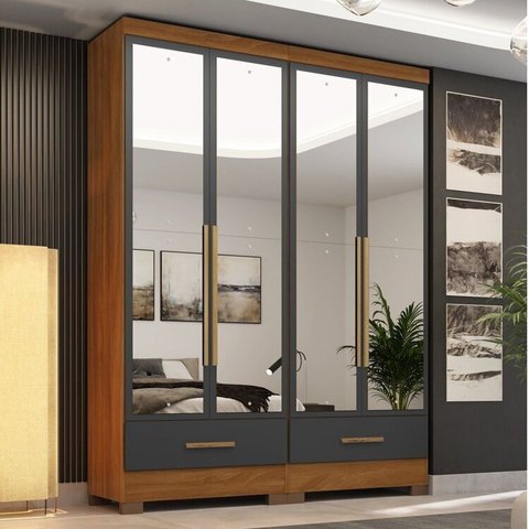 Quarto Modulado 100% MDF 2 Peças 4 Portas 2 Gavetas com Espelhos Smart Plus Espresso Móveis Bege/Cinamomo/Chumbo