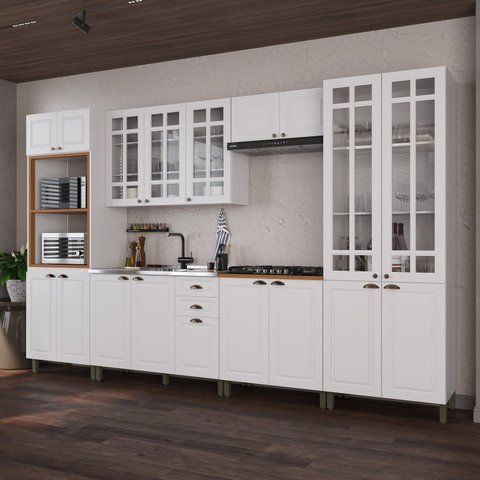 Cozinha Modulada 6 Peças Torre Quente Cristaleira e Aéreo com Vidro 2 Balcão sem Tampo 100% MDF Bari