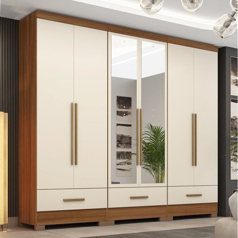 Quarto Modulado 100% MDF 3 Peças 6 Portas 3 Gavetas com Espelhos Smart Plus Bege/Cinamomo/Offwhite