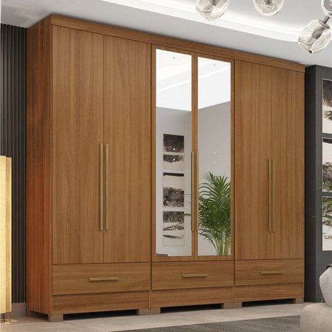 Quarto Modulado 100% MDF 3 Peças 6 Portas 3 Gavetas com Espelhos Smart Plus Bege/Cinamomo