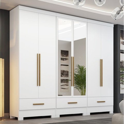 Quarto Modulado 100% MDF 3 Peças 6 Portas 3 Gavetas com Espelhos Smart Plus Branco