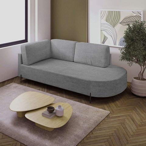Sofá Living Orgânico 2 Lugares Chaise Lado Direito 175cm Linho Cinza Base de Ferro Norten