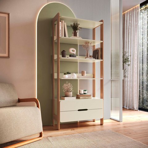 Estante de Livros 100% MDF 81CMX183CM 2 Gavetas e 4 Prateleiras Elvis Bege/Off White/Castanho