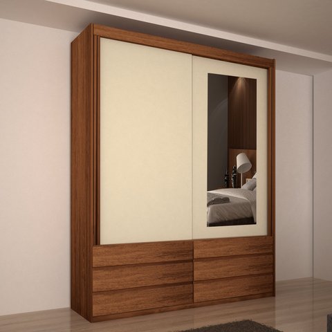 Guarda-Roupa Solteiro com Espelho 100% MDF 2 Portas e 6 Gavetas Eco 08 Bom Pastor