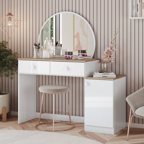 Penteadeira Agnes 2 Gavetas Espelho Circular e Puxadores em Abs