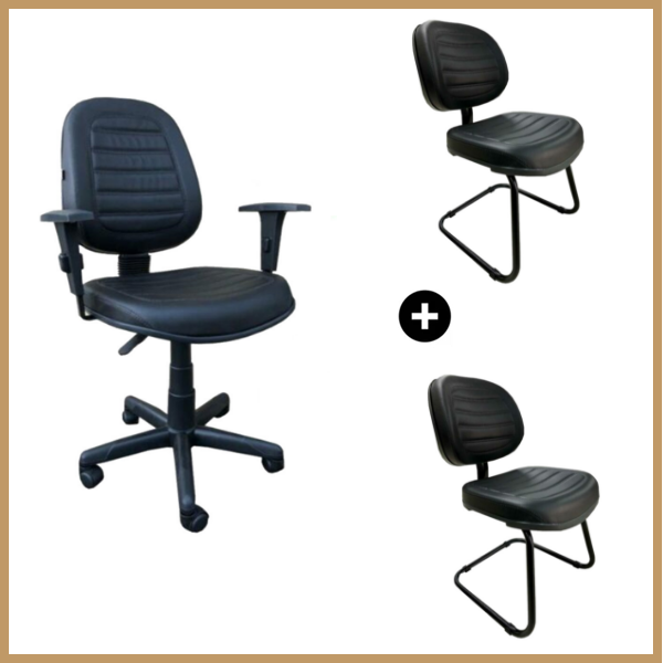Conjunto de Cadeiras Executiva Alta Costurada + Executiva Costurada Fixa Base em "S" preta - 2906