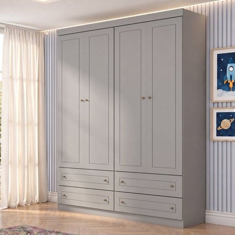 Guarda Roupa Infantil/Juvenil 4 Portas e 4 Gavetas Americano Cinza