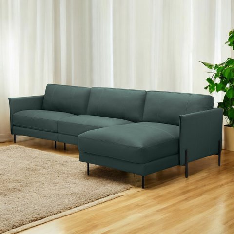 Sofá Decorativo Karine 5 Lugares Sala de Estar 300cm com Chaise Pés em Aço Couro Verde Musgo G88 - G