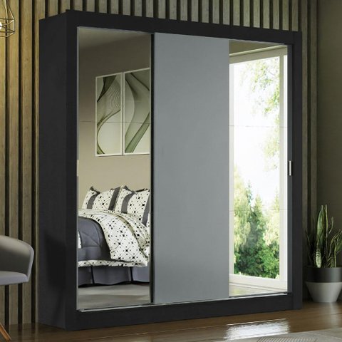 Guarda-roupa Casal 3 Portas Com Espelhos Preto/Cinza