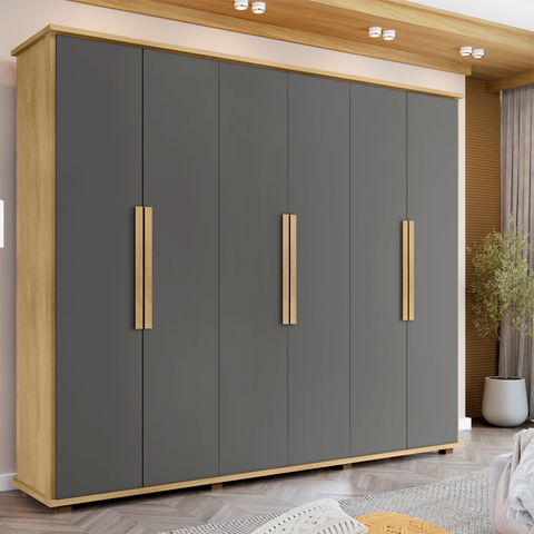 Guarda-Roupa Casal com 6 Portas e 4 Gavetas Internas com Maleiro Canadá Cinza/Cinamomo/Grafite