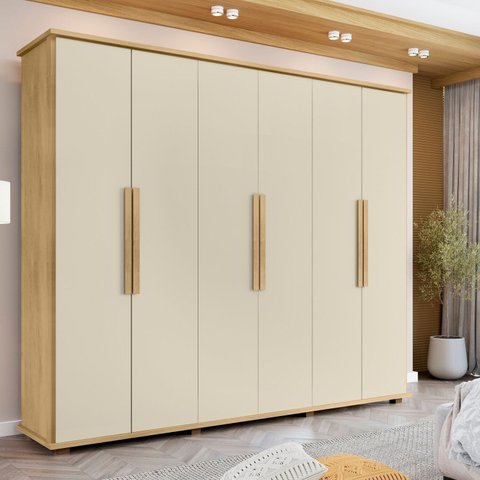 Guarda-Roupa Casal com 6 Portas e 4 Gavetas Internas com Maleiro Canadá Off White/Cinamomo