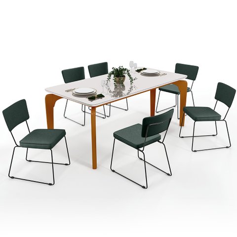 Mesa De Jantar Capri 160cm Off White Nature Com 6 Cadeiras Allana B05 Linho Verde Musgo - Lyam