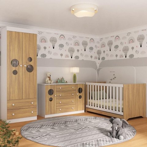 Quarto de Bebê Completo com Berço Americano 3 em 1 Pirulito Multimóveis Mp4625 Branco/madeirado