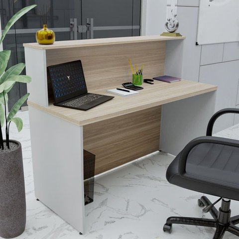 Balcão Atendimento Recepção Consultório 120x60cm Bege/Carvalho/Branco