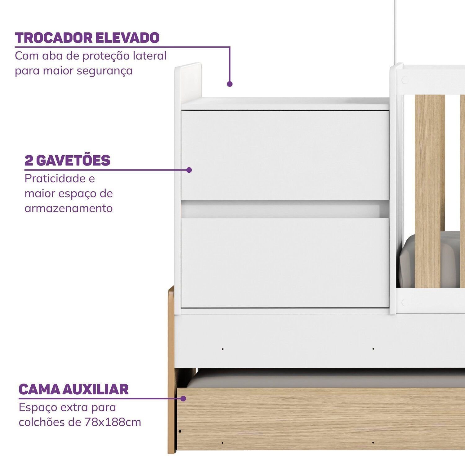 Berço Cama Multifuncional Auri com 2 Gavetas e Cama Auxiliar Casatema - 10