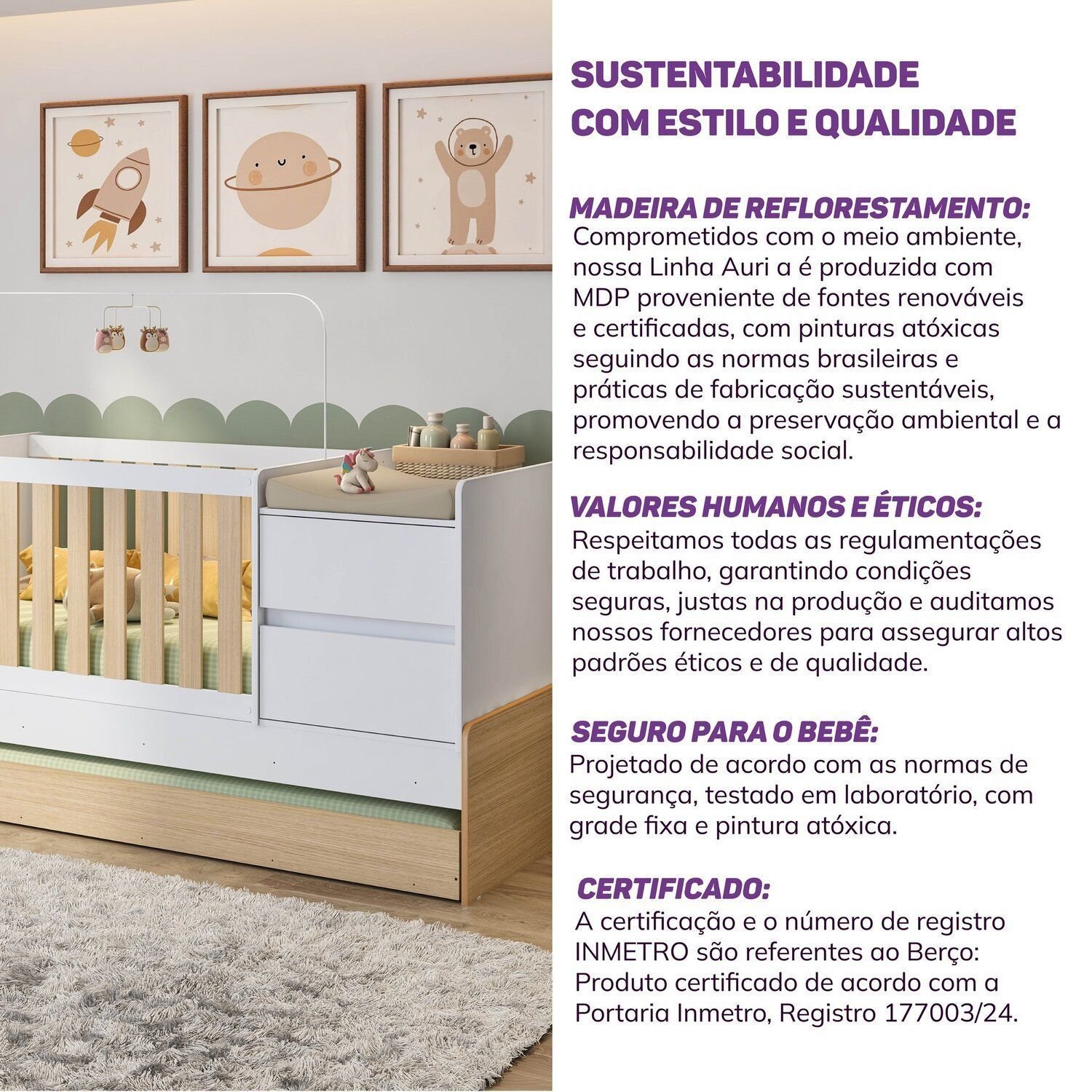 Berço Cama Multifuncional Auri com 2 Gavetas e Cama Auxiliar Casatema - 17