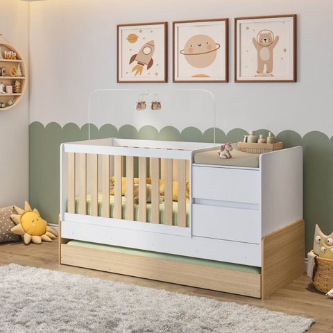 Berço Cama Multifuncional Auri com 2 Gavetas e Cama Auxiliar Casatema MadeiraOriginals Branco/Carval